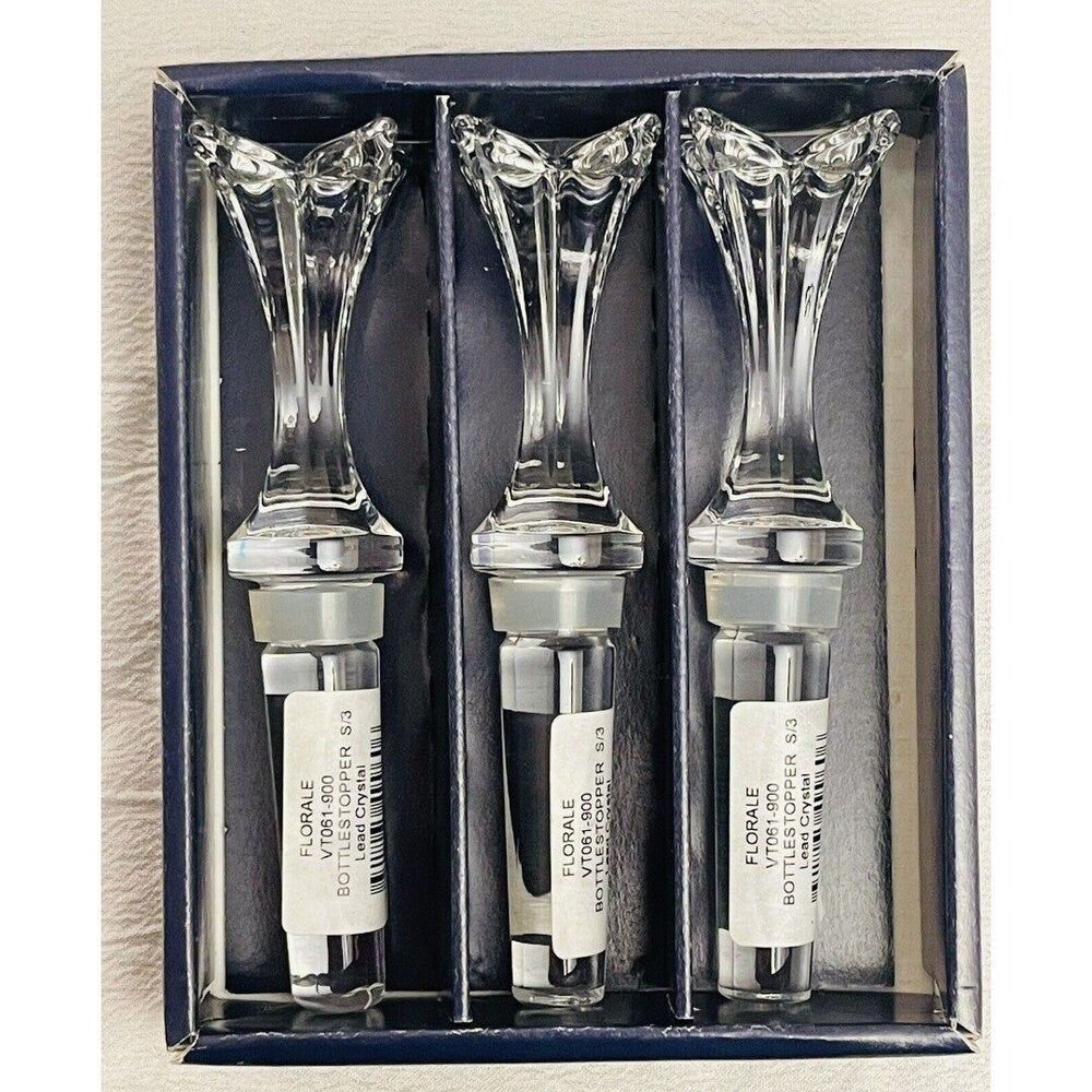 3 MIKASA Lead Crystal Florale Decanter Bottle Stoppers 5" Czech Republic New VTG